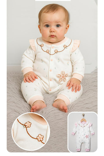 ÇİÇEK DETAYLI NAKIŞLI KIZ BEBEK TULUM