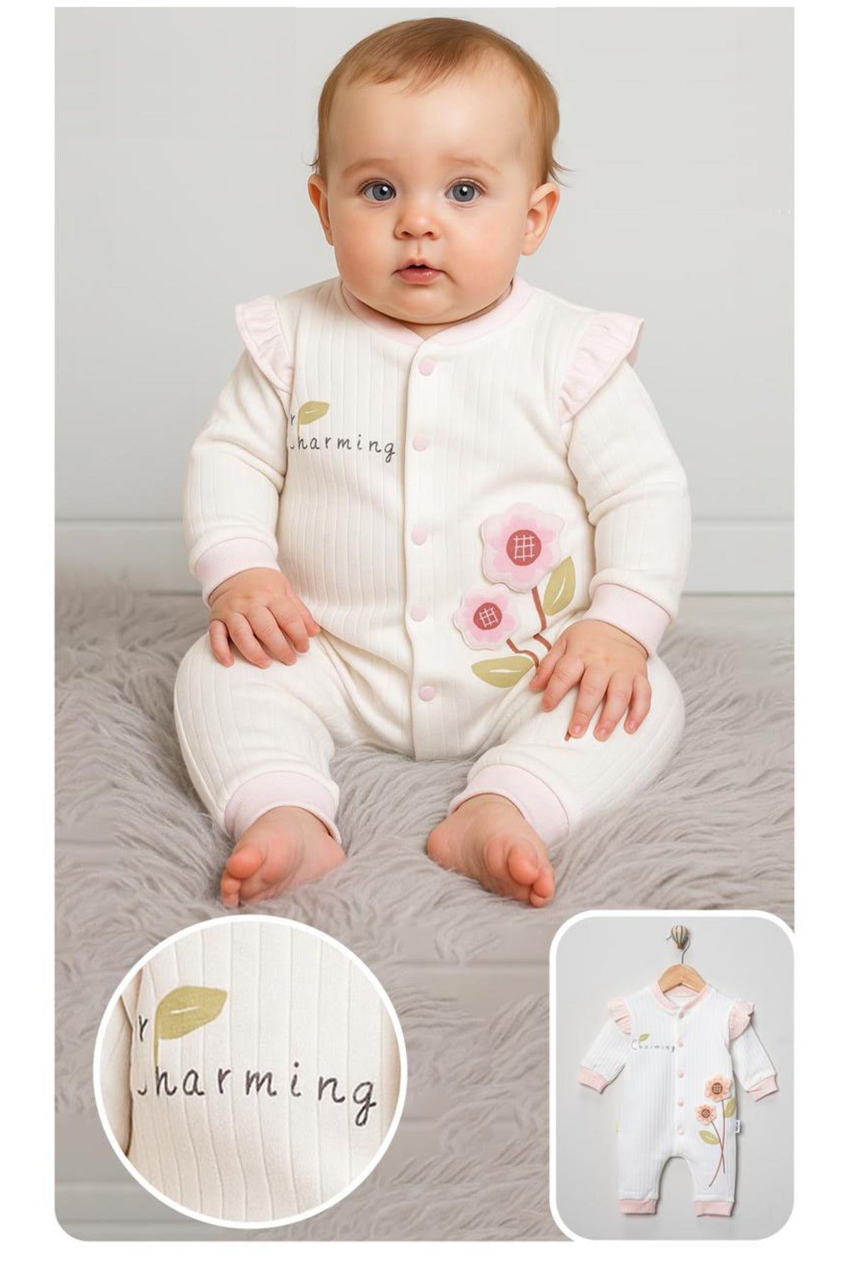 ÇİÇEK DETAYLI KIZ BEBEK TULUM
